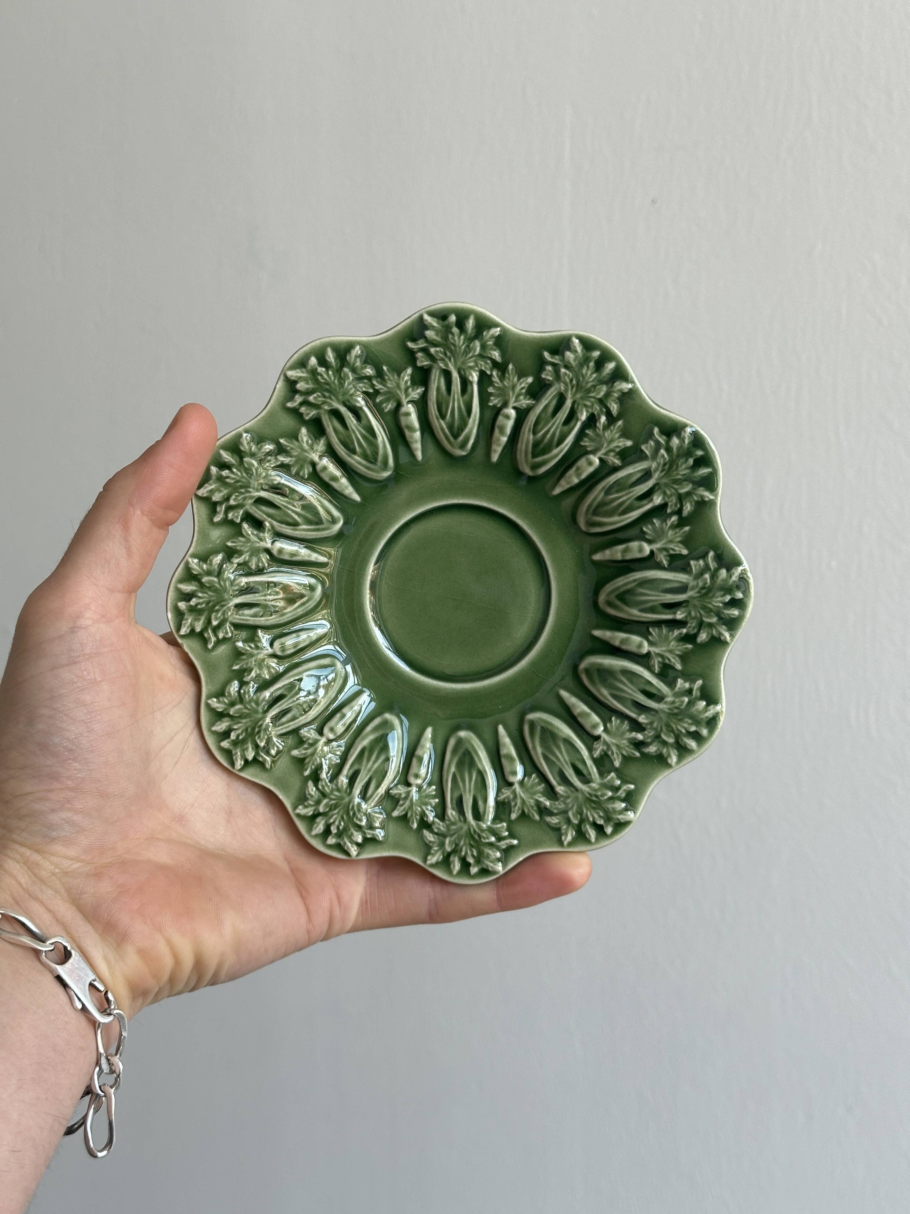 Set of 9 small old green earthenware plates
