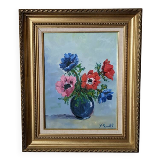 Acrylic painting on canvas, still life, anemones, bohemian countryside