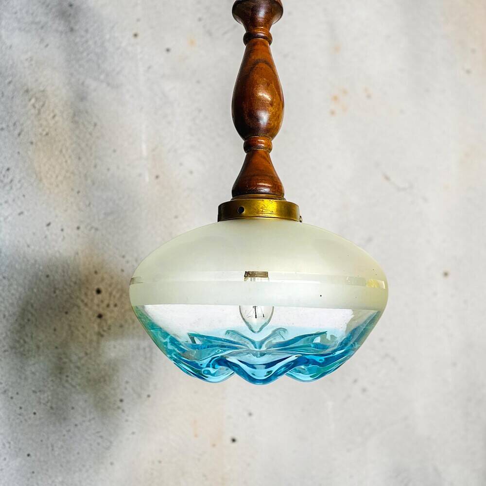 Vintage teak wood agua blue glass pendant lamp