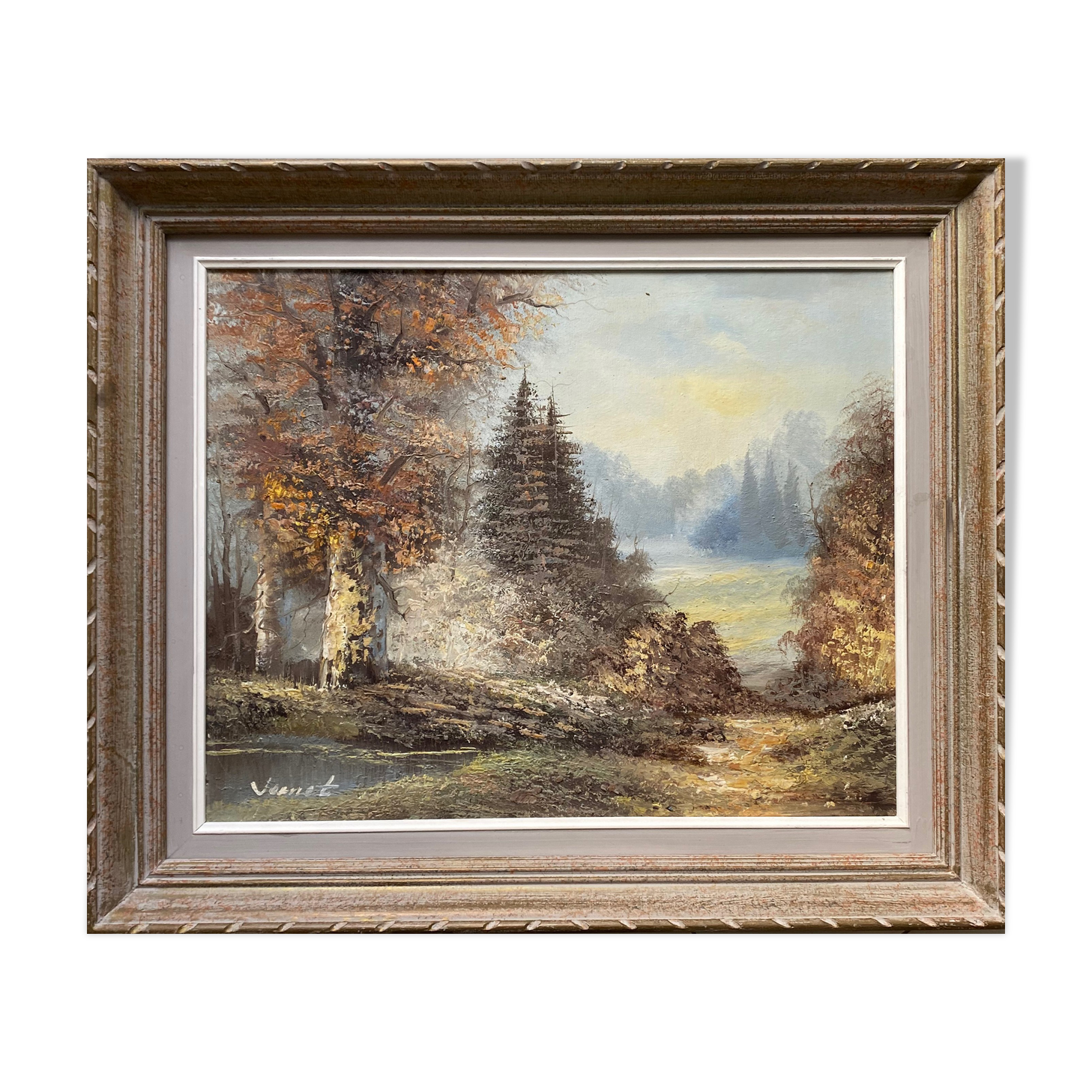 Painting "Lake and wooded landscape" HST signed Vernet + frame