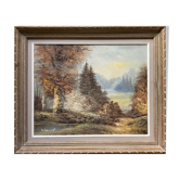 Painting "Lake and wooded landscape" HST signed Vernet + frame