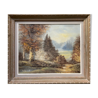 Tableau "Paysage lacustre et arboré" HST signé Vernet + cadre