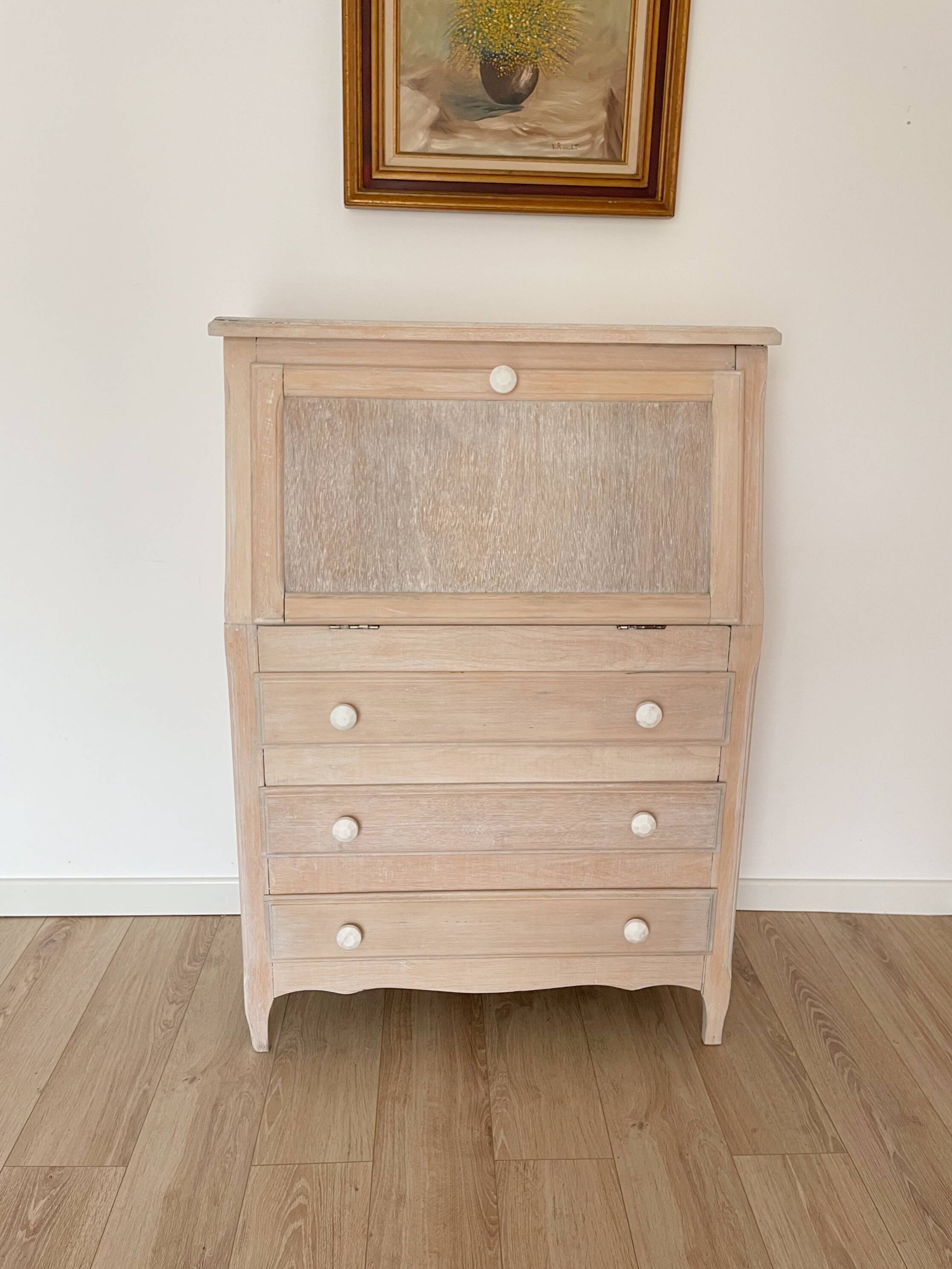 Antique donkey back secretary, white patina with a ceruse effect