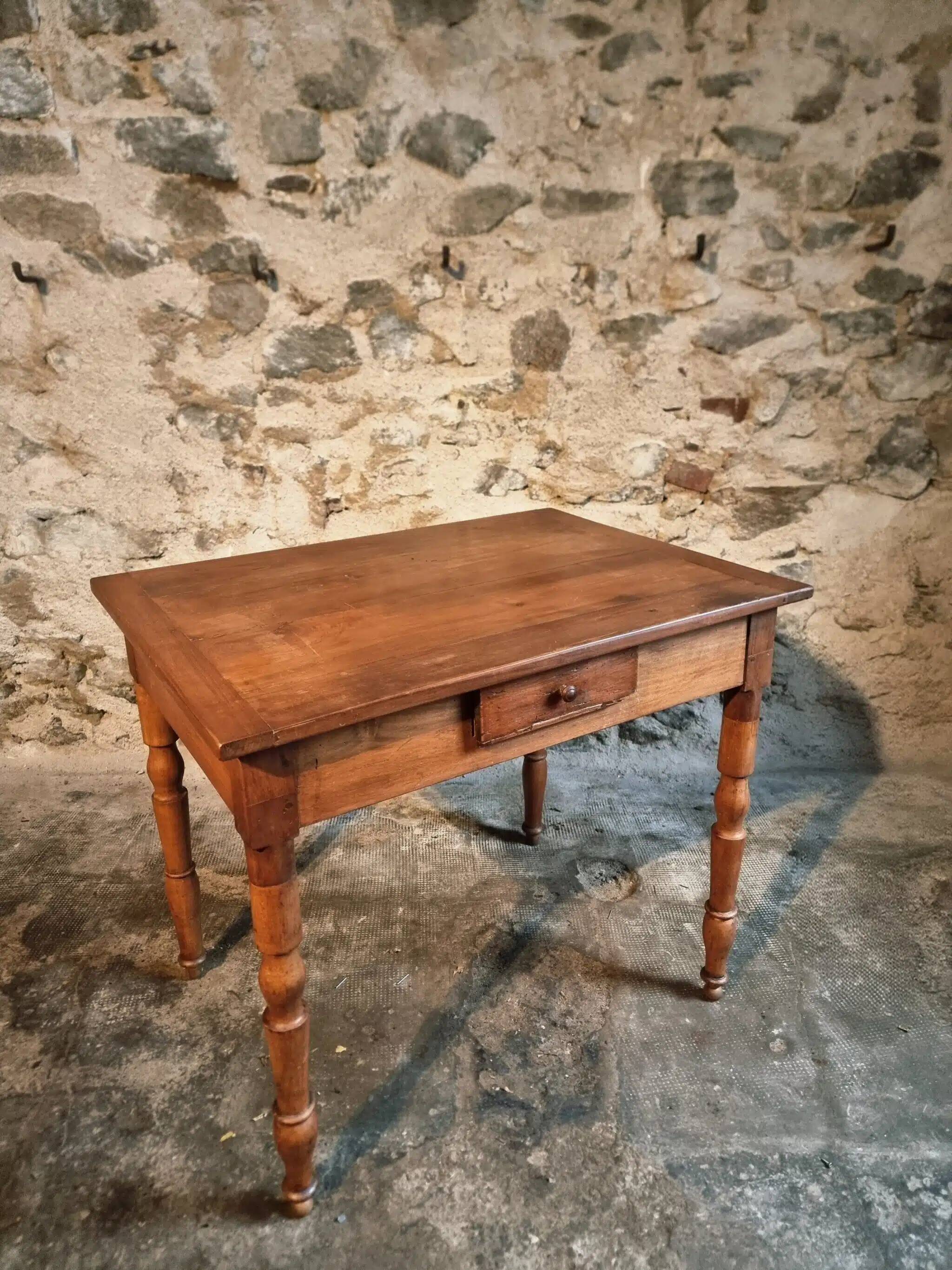 French vintage side table in cherry wood with a drawer.