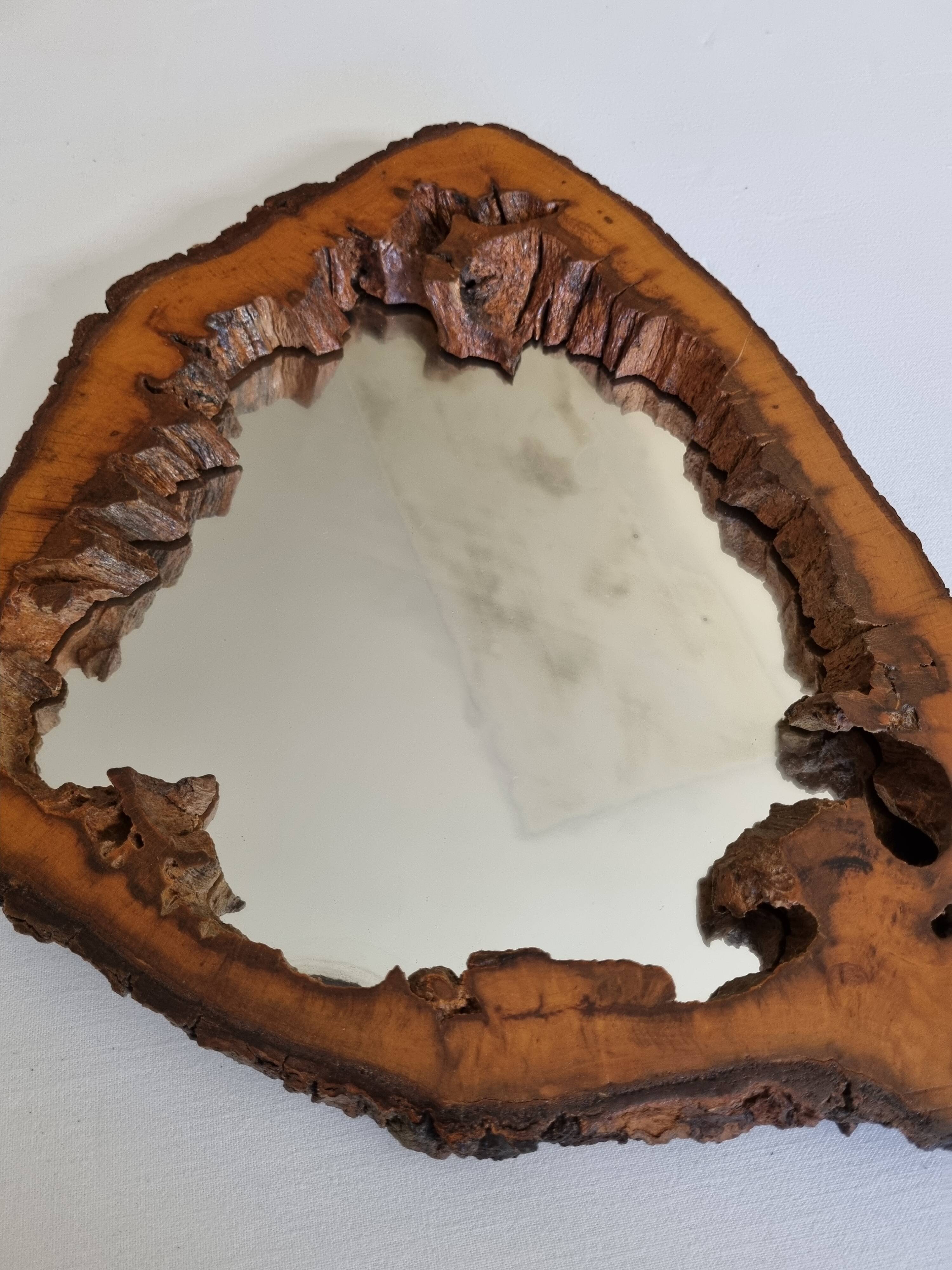 Vintage mirror with live edges in burl wood, signed, 1970s, 36 cm