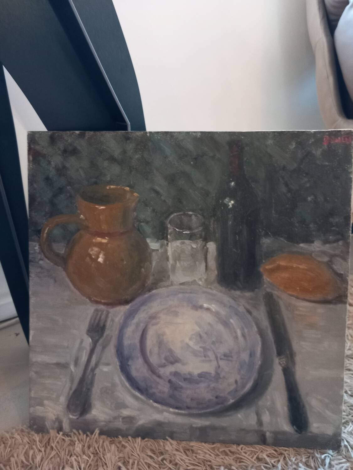 Oil painting. Still life with wine bottle