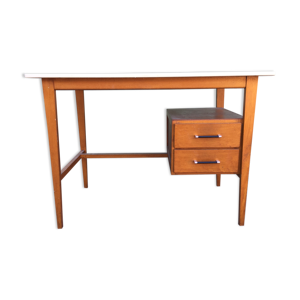bureau vintage à 2 tiroirs en hêtre et cp avec le plateau en Formica