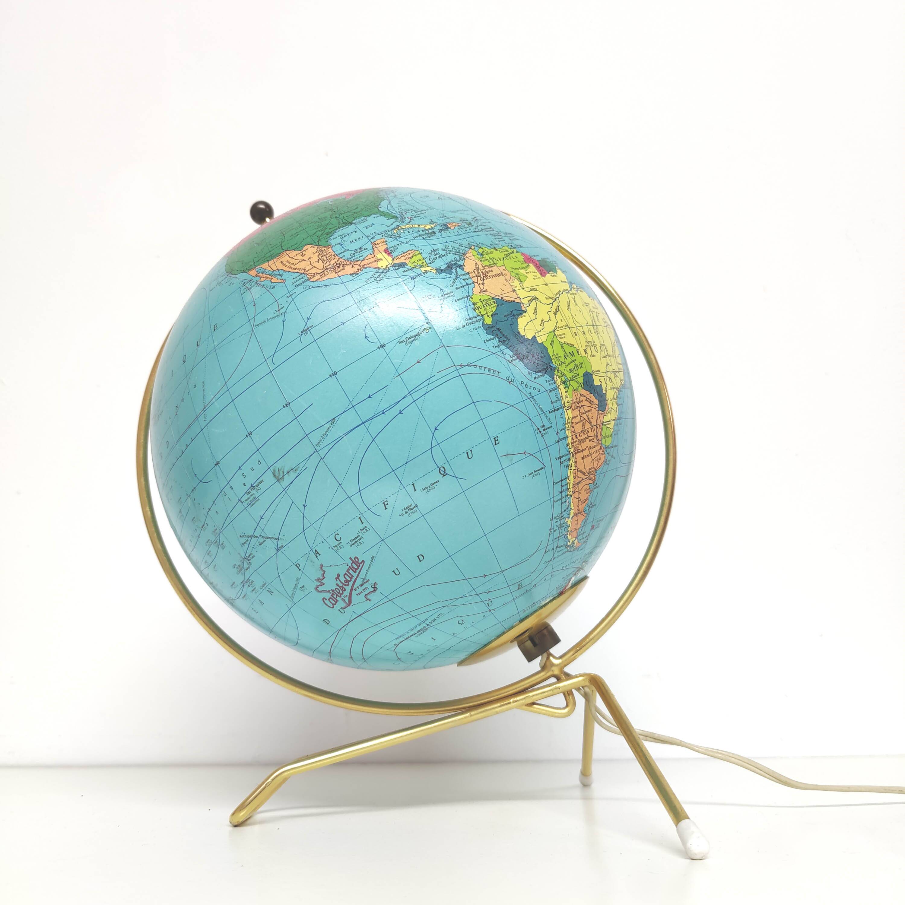 Luminous globe Taride 1970 golden tripod foot