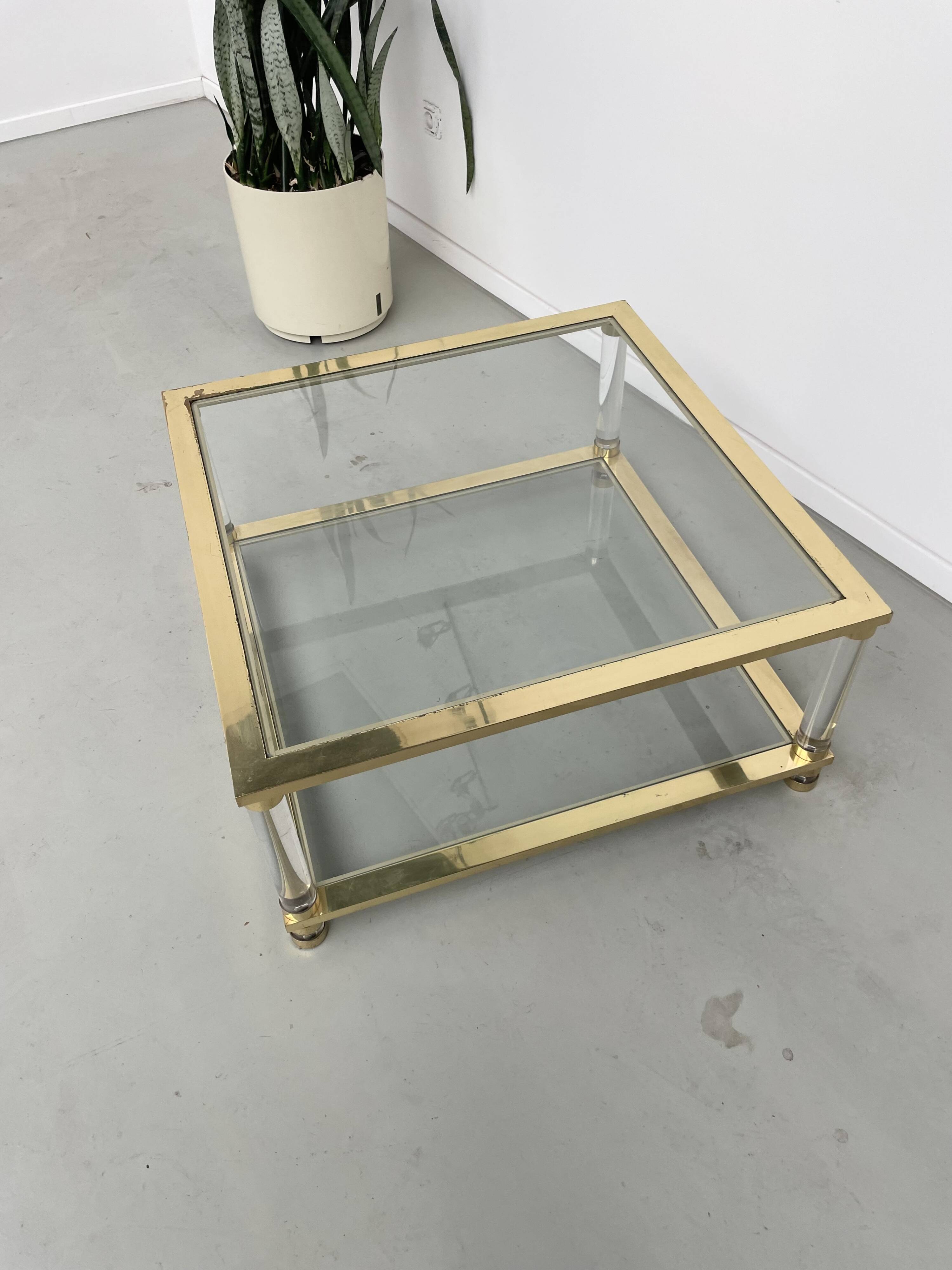 1970s lucite, brass and glass coffee table