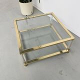 Table basse lucite, laiton et verre années 70