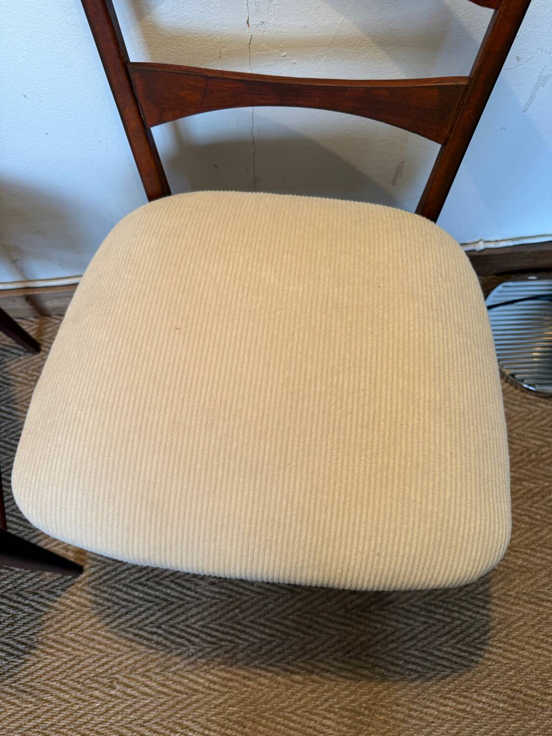 Pair of vintage wood and corduroy chairs