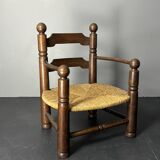 Brutalist French low rush oak side armchair by Charles Dudouyt ca 1940s