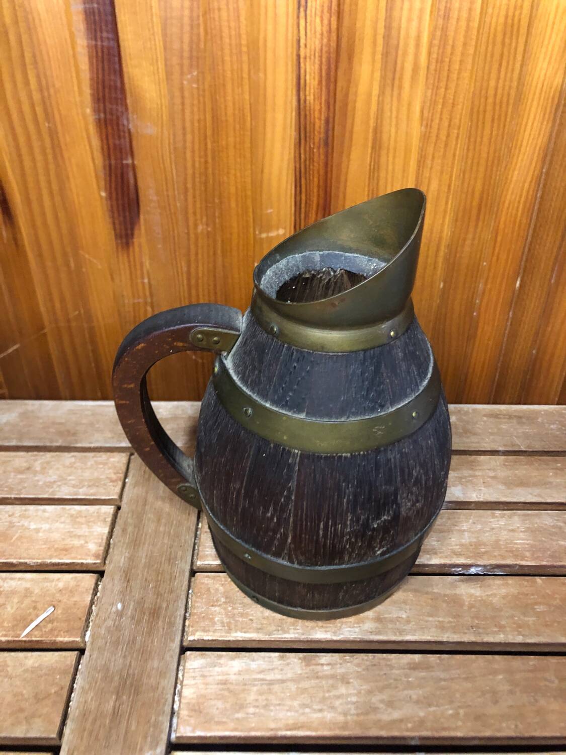 Old Wooden Pitcher + Vintage Brass Strapping
