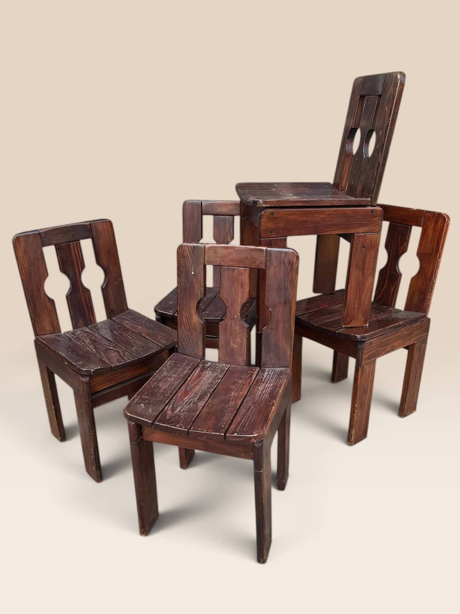 Set of five brutalist chairs in solid pine.