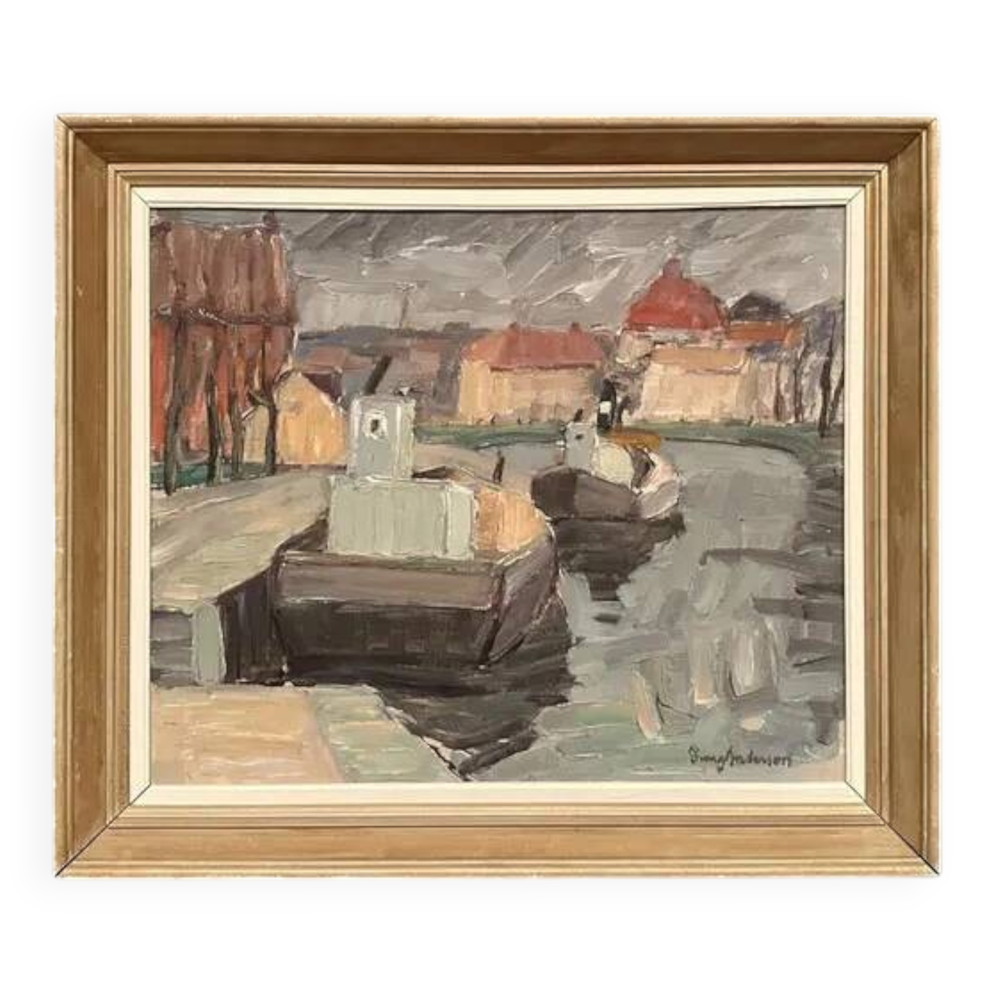 Original Swedish Oil on Canvas –“Harbour” by Georg Andersson – Signed – Vintage & Framed – 52 × 40 cm (20.4" x 15.7")