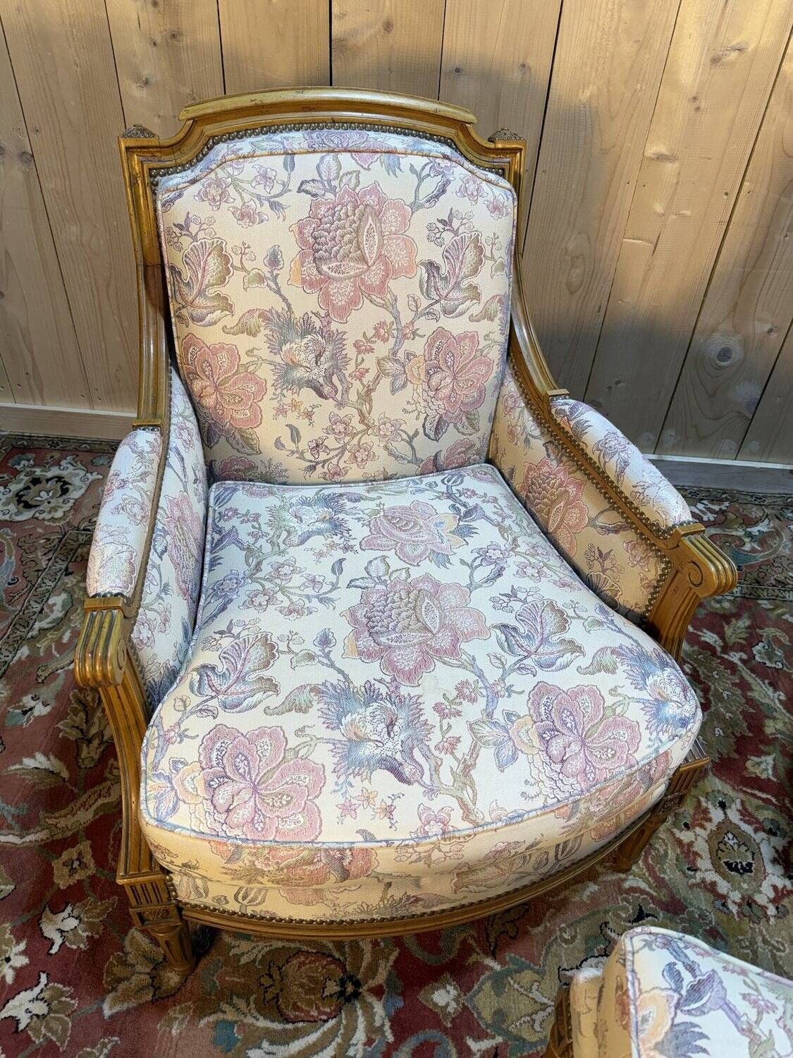 Pair of armchairs / bergères and footstool in Louis XVI style