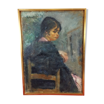 Portrait peinture à l'huile de dame en robe blanche assise