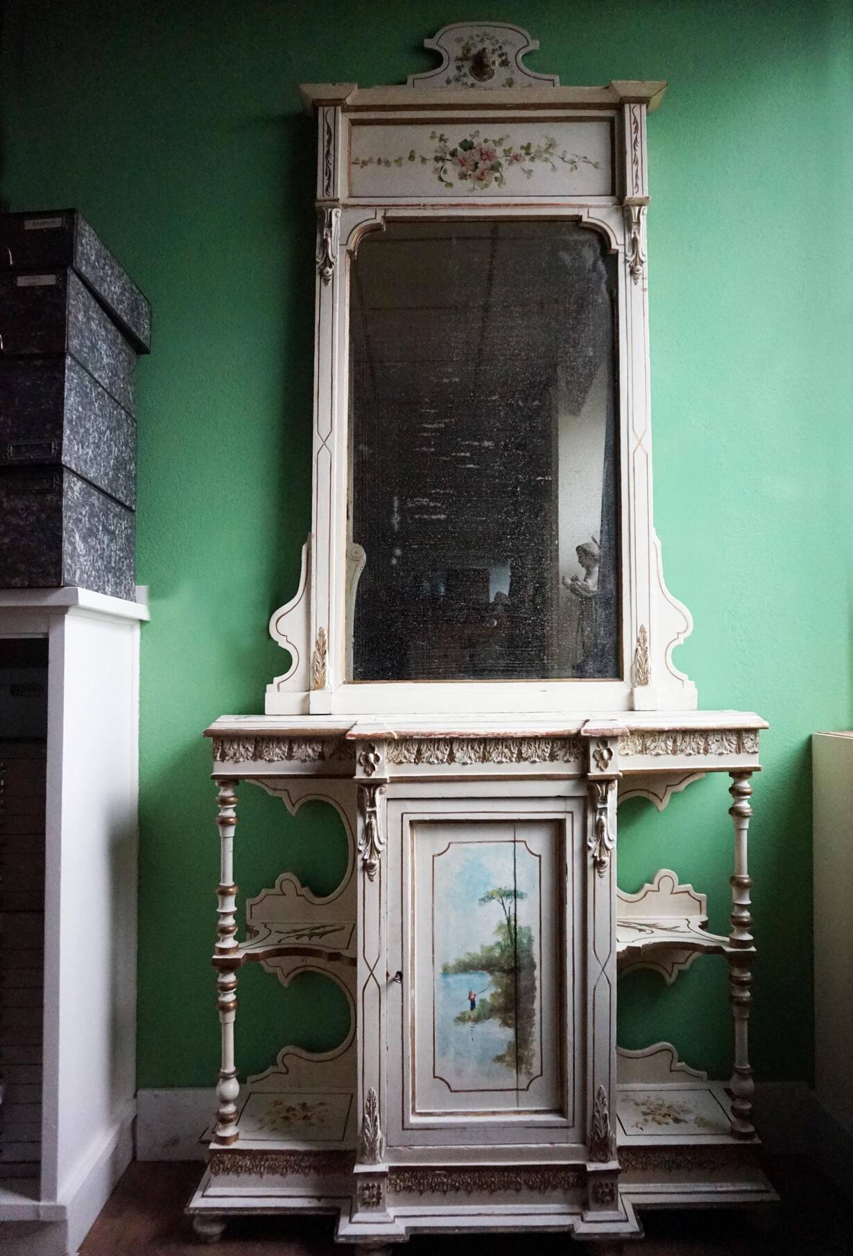 Italian hand-painted Console Table with Mirror and floral painting