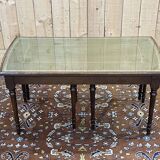 English nesting tables in mahogany and leather top under glass - work from the 1950s