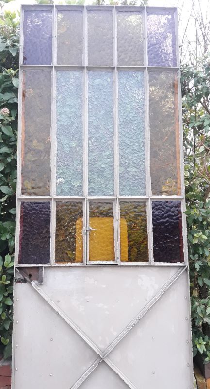 Workshop door 258.4x98.5cm in iron and colored cathedral glass