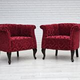 1950s, pair of two Danish lounge chairs, red cotton/wool fabric, beech wood.