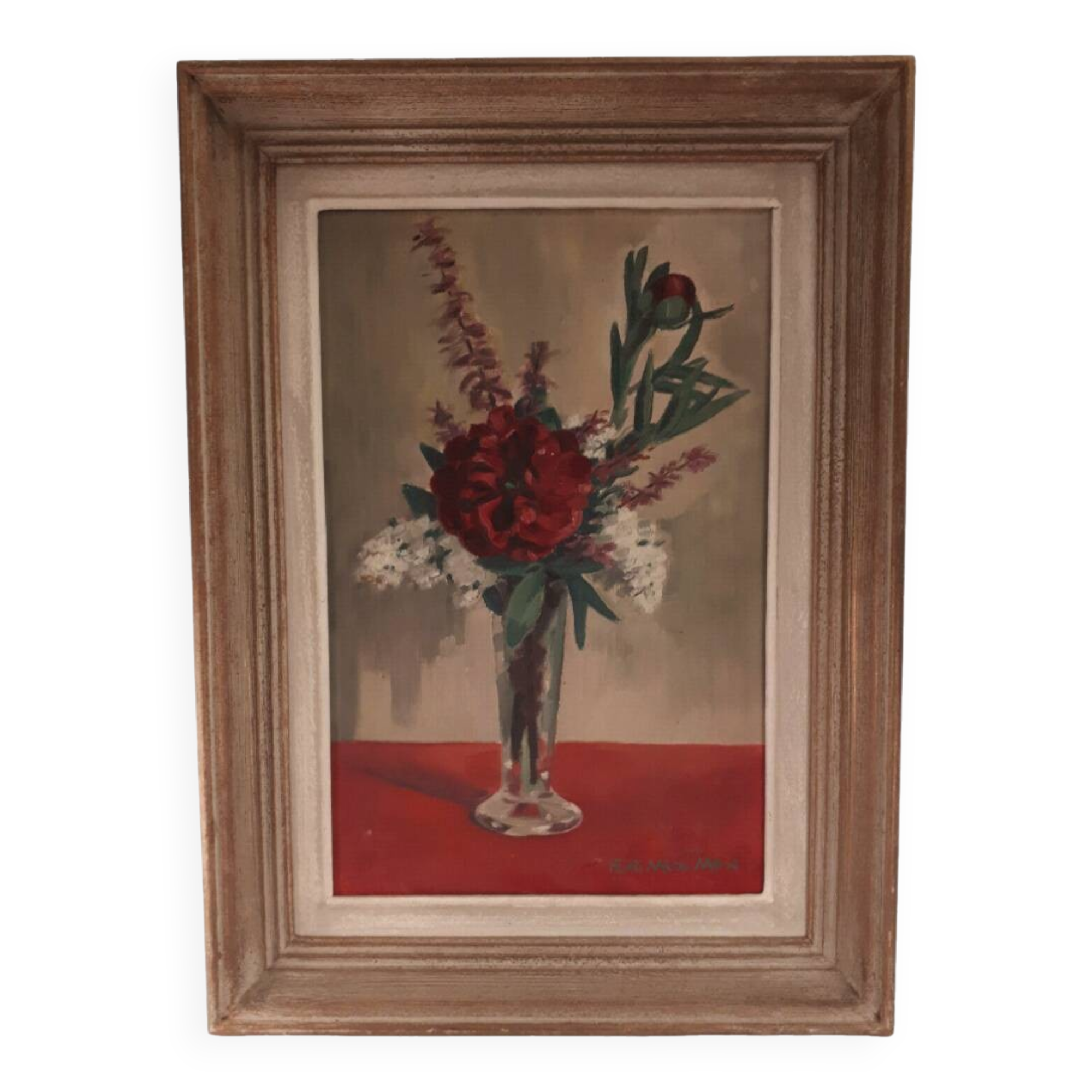 HST painting bouquet of peony flowers signed Henri Marcel-Martin vintage 1950