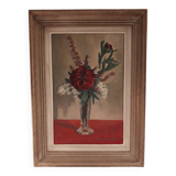 HST painting bouquet of peony flowers signed Henri Marcel-Martin vintage 1950