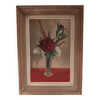 HST painting bouquet of peony flowers signed Henri Marcel-Martin vintage 1950