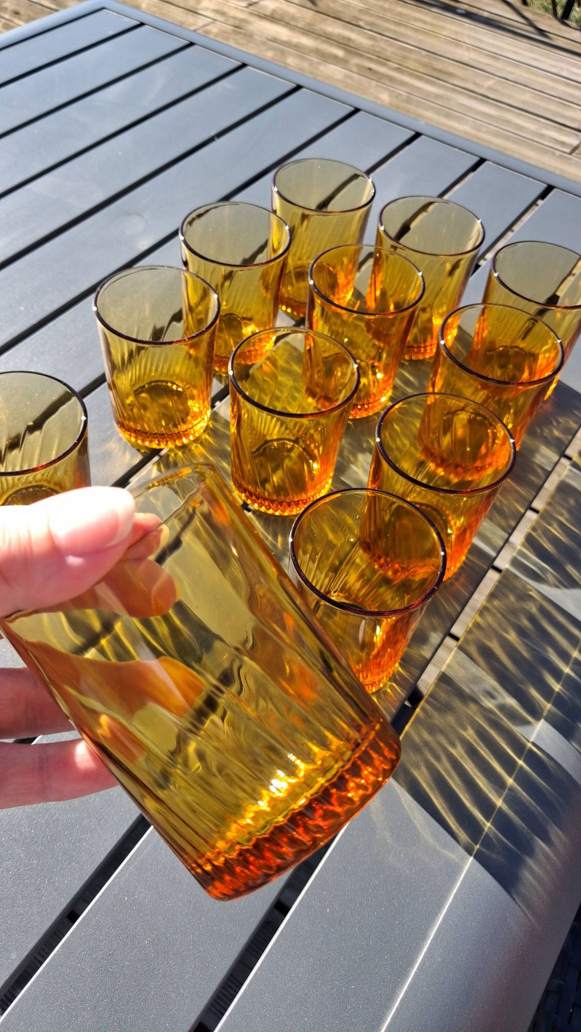 Set of 12 amber textured glass water glasses – 1970s