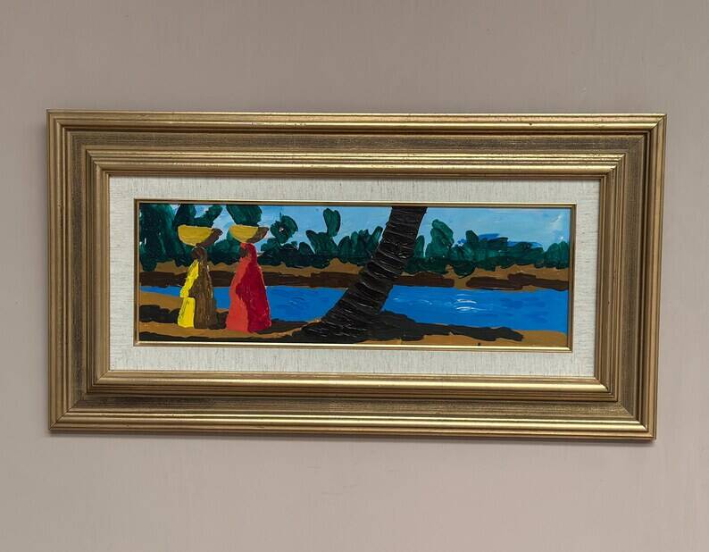 Original Swedish Oil on Panel – "Female Figures by a Stream", attributed to Lars Norrman – Signed – Vintage and Framed – 38 × 74 cm (15 × 29.1 inches)