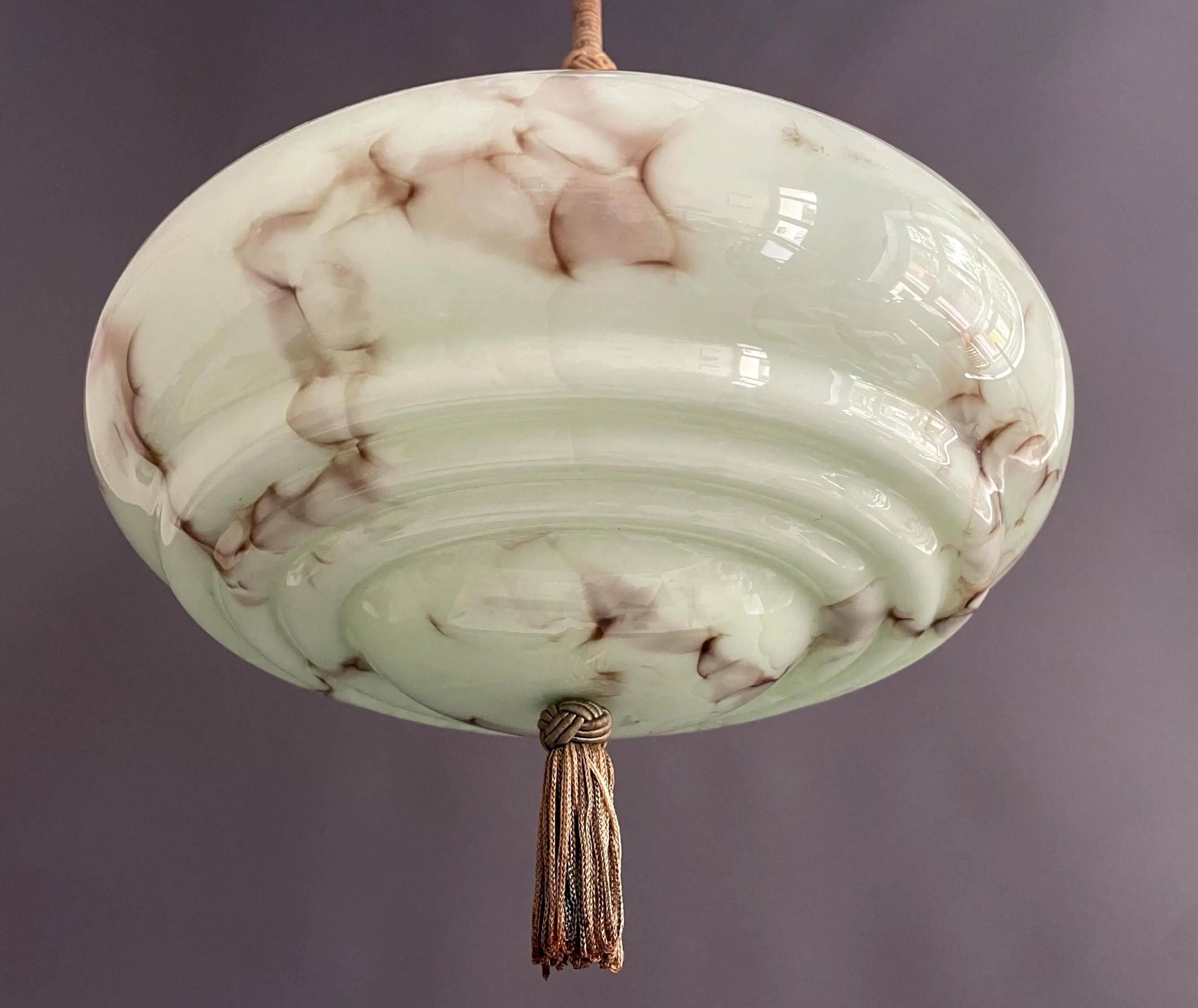 Art Deco Pendant Light with Twisted Stem, Marbled Effect, Metal and Brass - 1930s