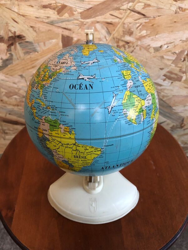 Ancien mappemonde ms globe métal + base bakélite blanc crème vintage