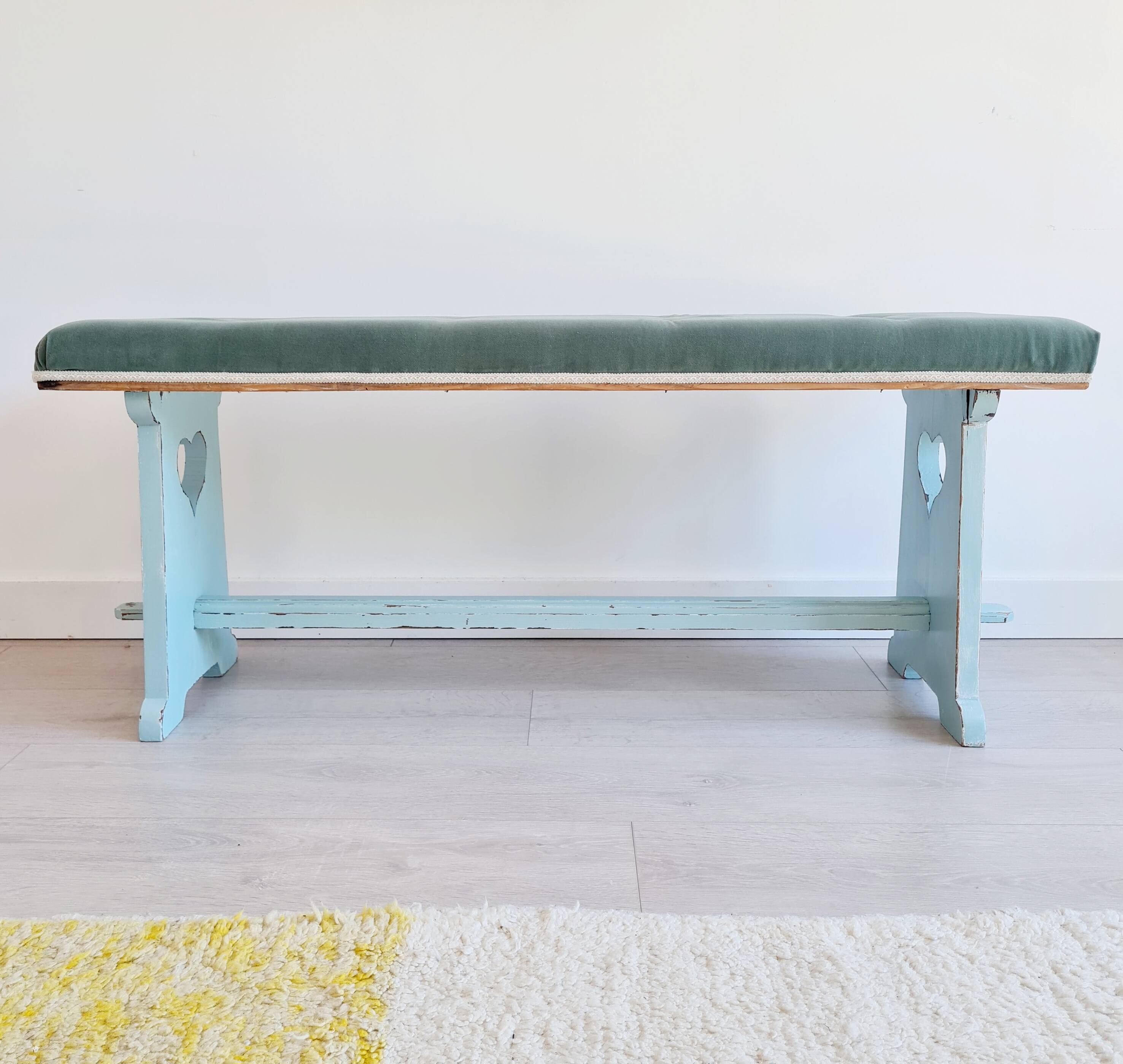 Antique blue velvet wooden bench - heart-shaped bench