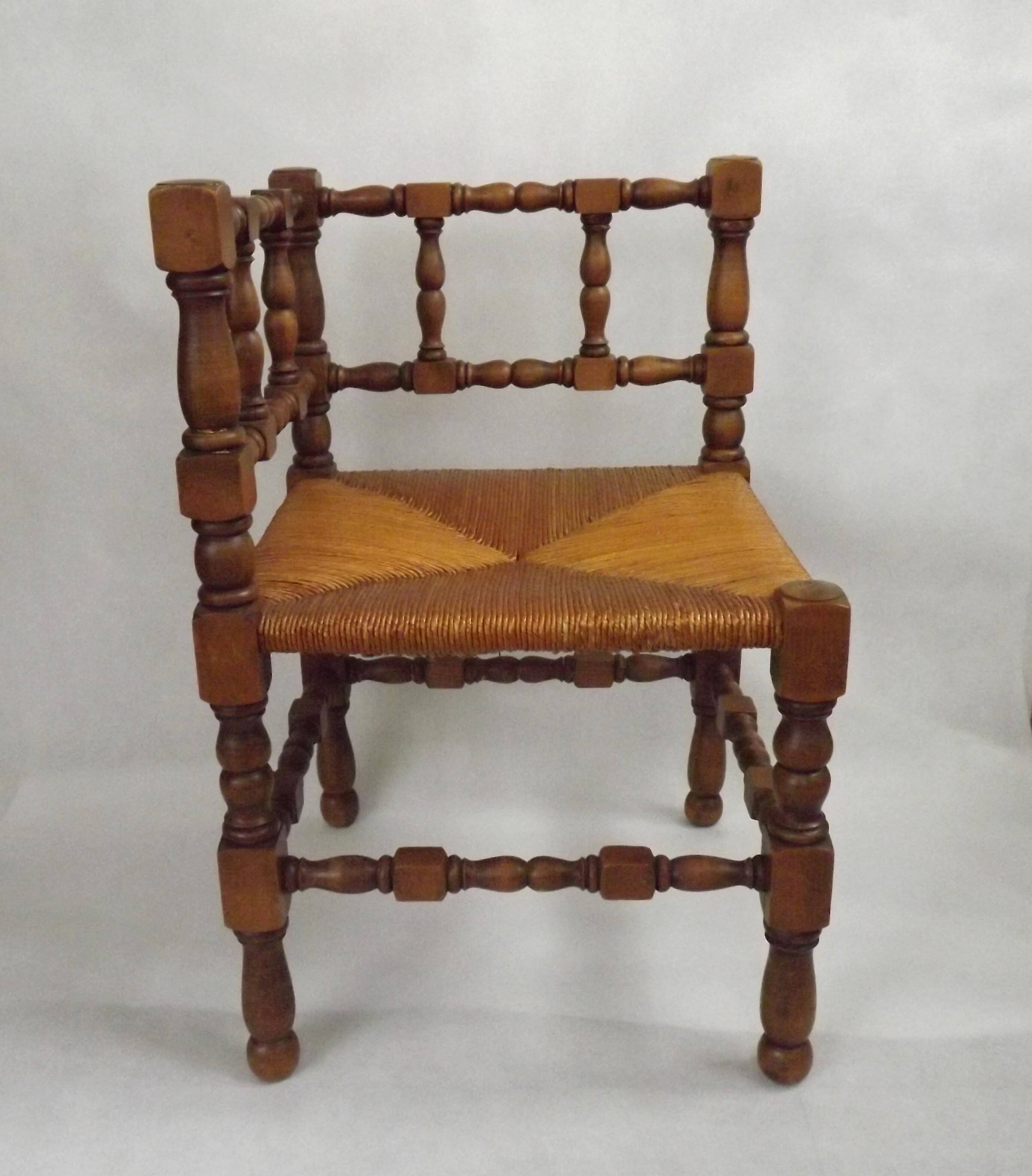 Antique French Turned Wooden Bobbin Chair with Rush Seat