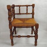 Antique French Turned Wooden Bobbin Chair with Rush Seat