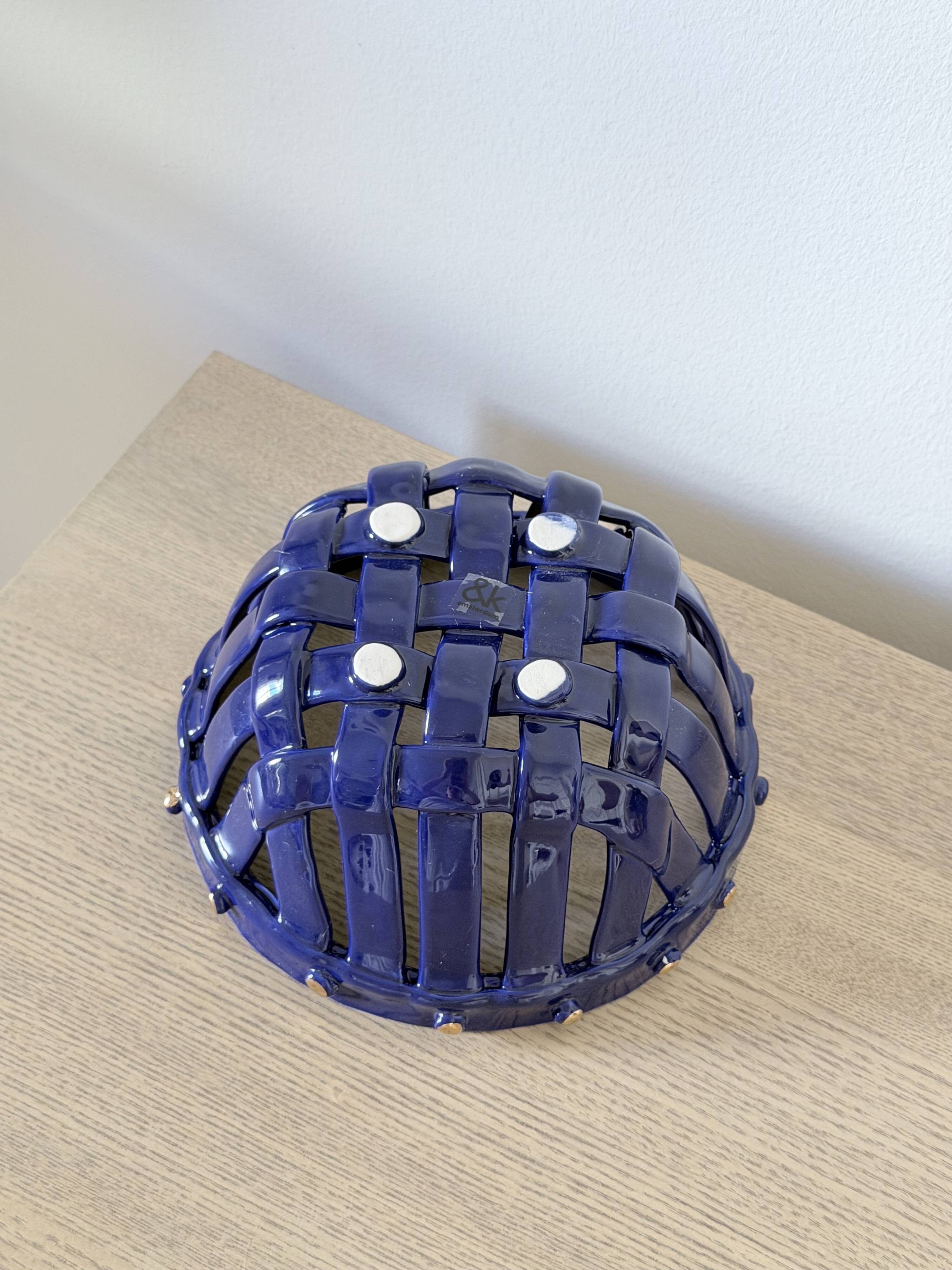 Large cobalt blue openwork bowl with golden studs
