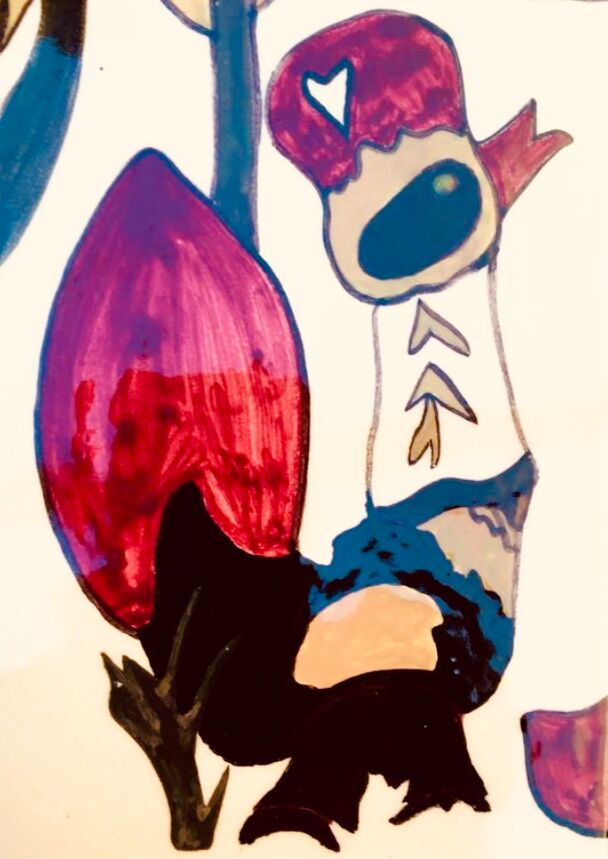 Vintage ceramic underside naïve rooster and gardener Dodik Bretagne naïve painting