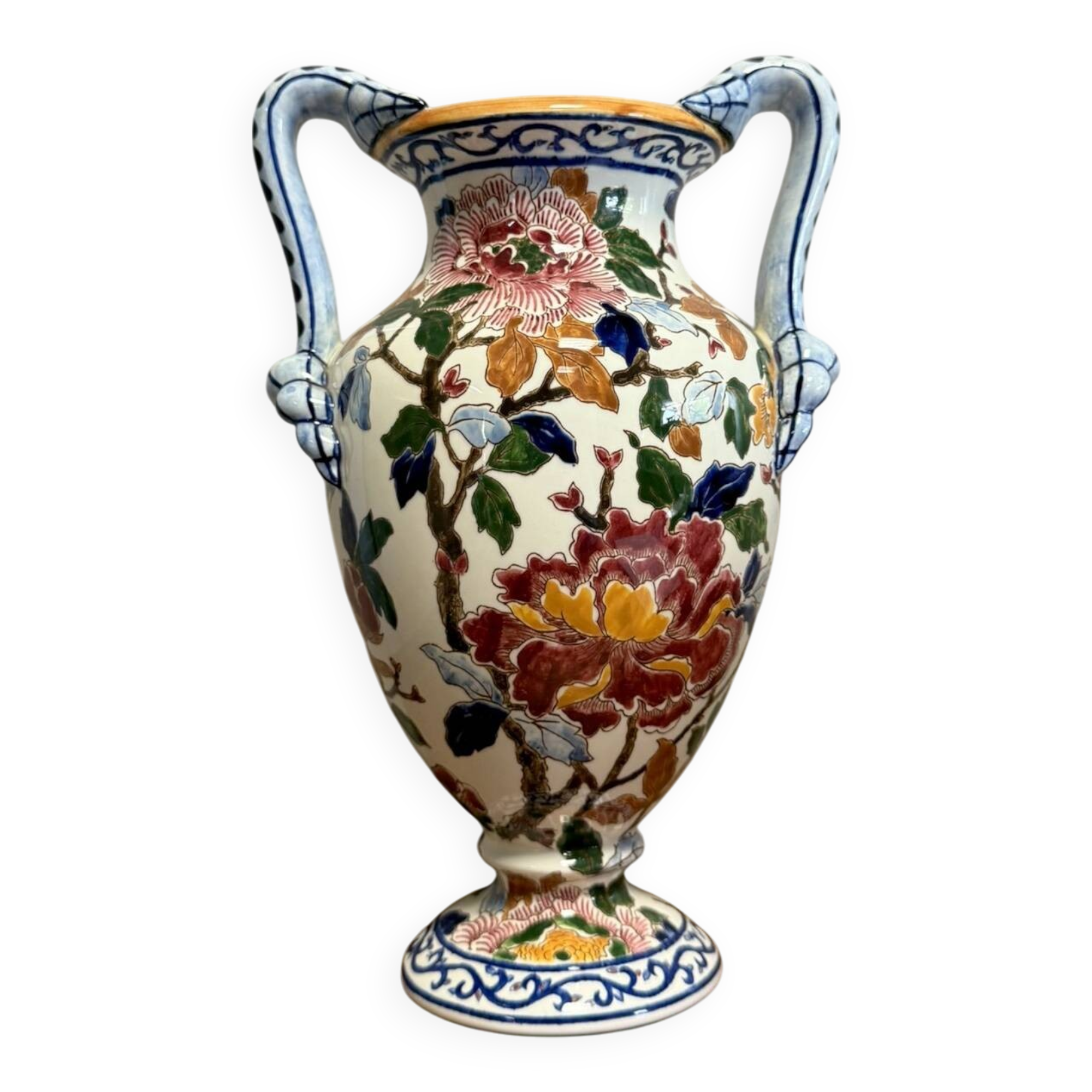 Gien: Important earthenware vase with peony decoration
