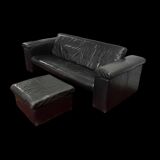 Set de canapés en cuir noir + pouf Rolf Benz, Allemagne, années 70-80.