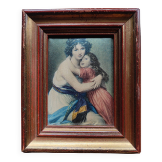 Miniature wooden frame with Vigée Lebrun and her daughter on fabric
