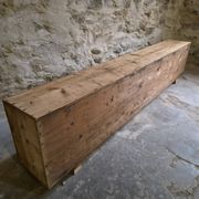 Old French industrial workshop furniture in pine / storage bench, circa 1880–1900