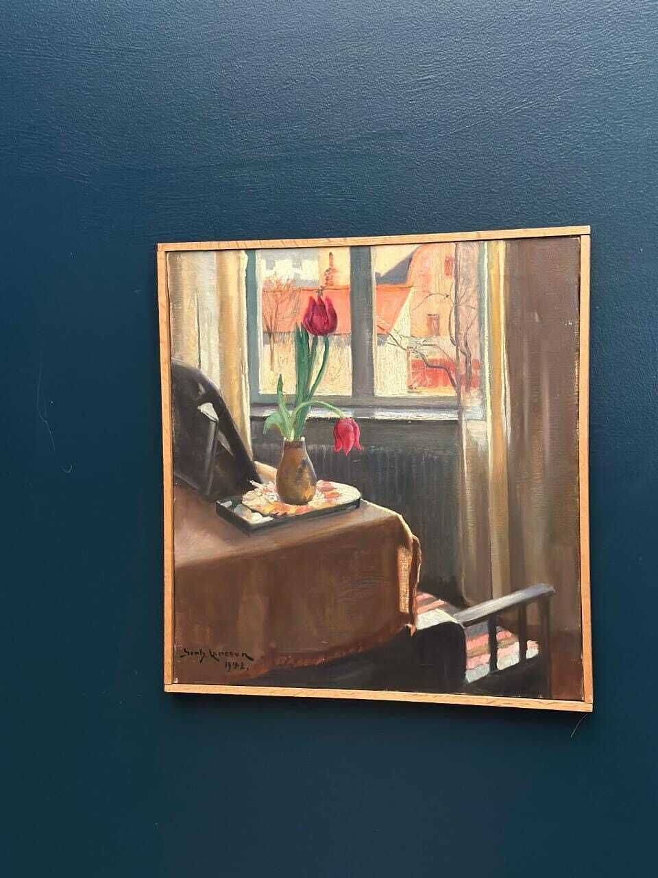 Huile sur toile suédoise encadrée « Vue depuis la fenêtre » par Georg Larsson, 1942