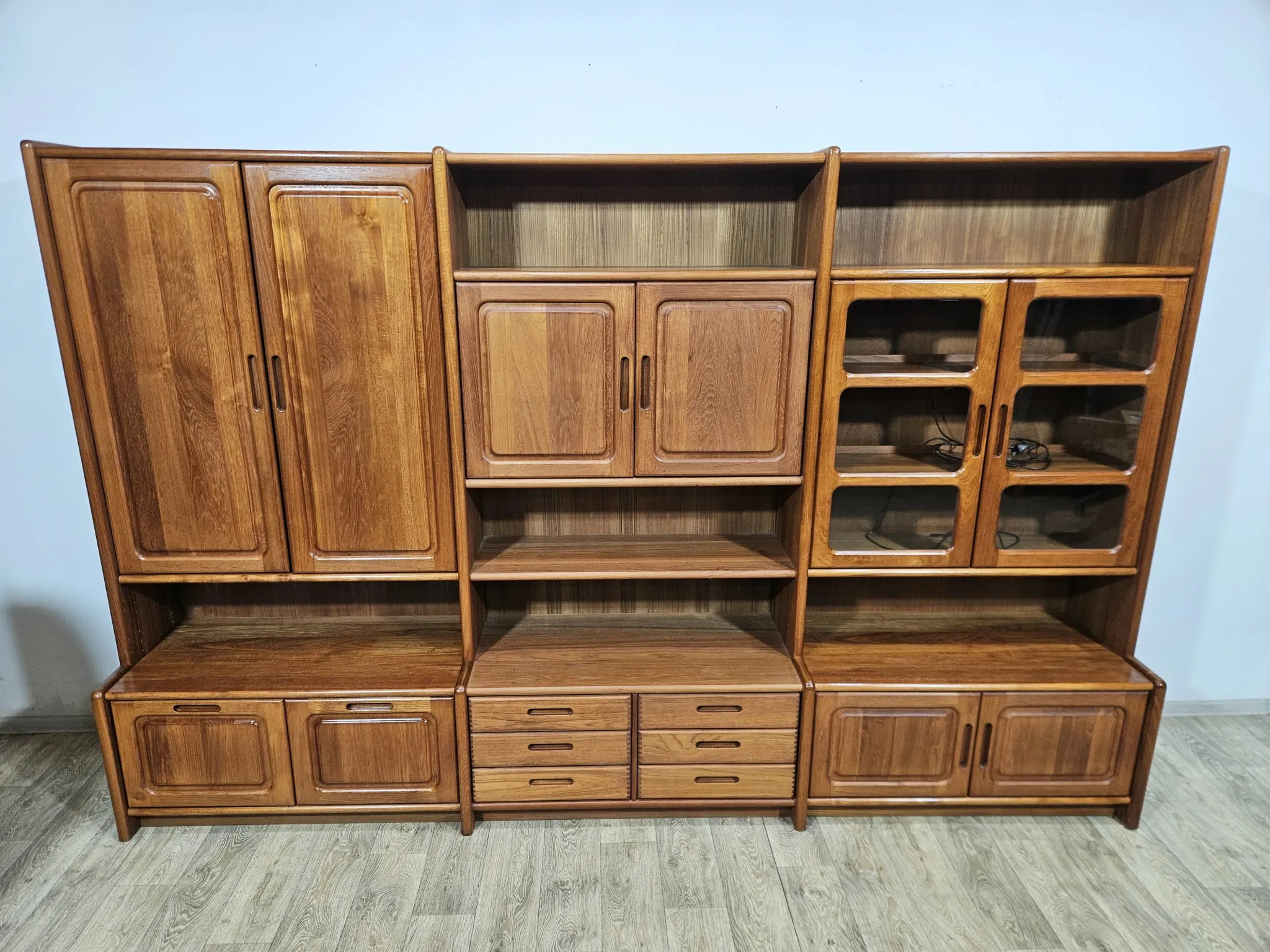 Multifunctional, modular shelving unit/wall system, teak, Denmark, 60s/70s