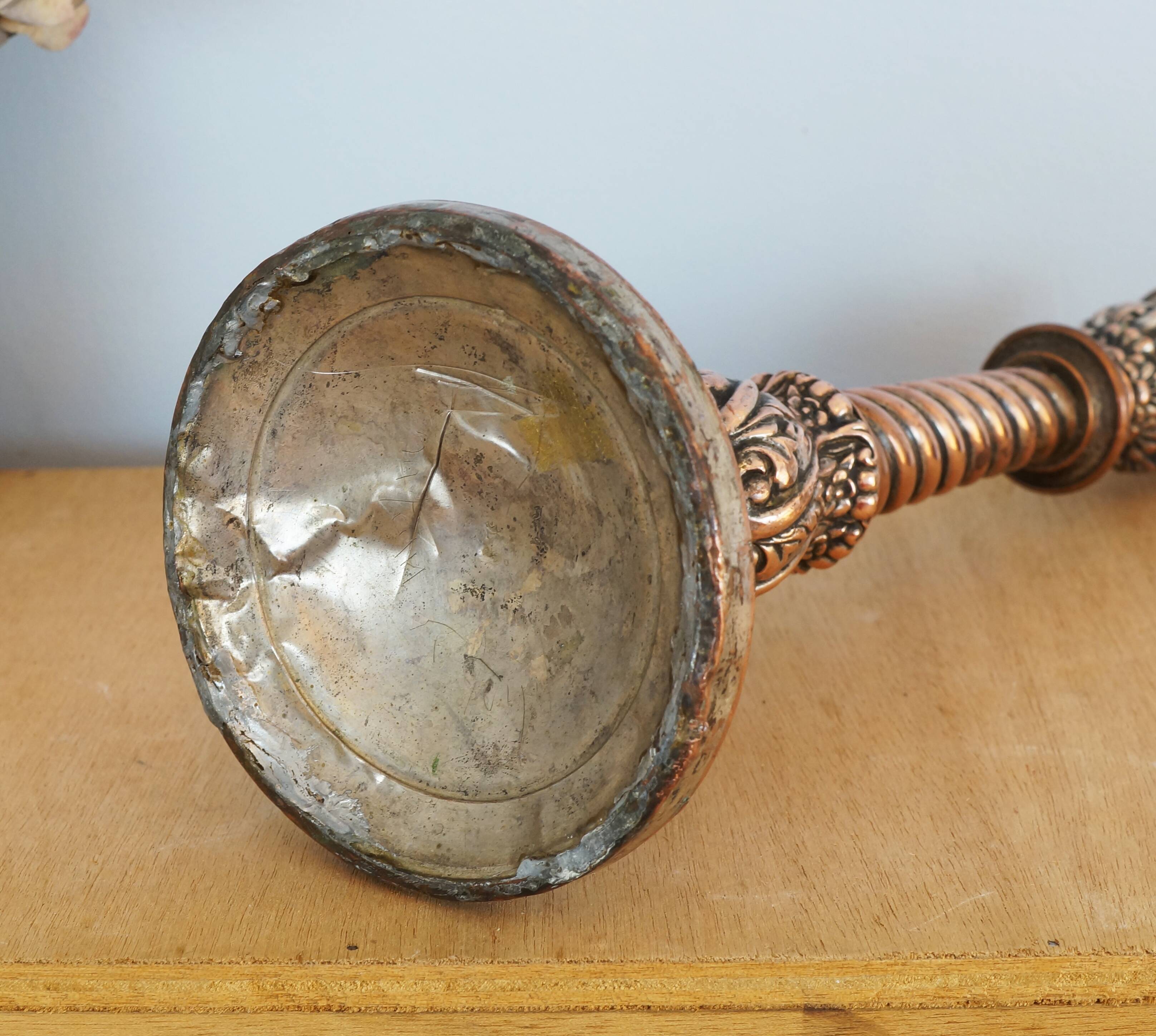 Handmade copper candle holder in hammered metal, vintage