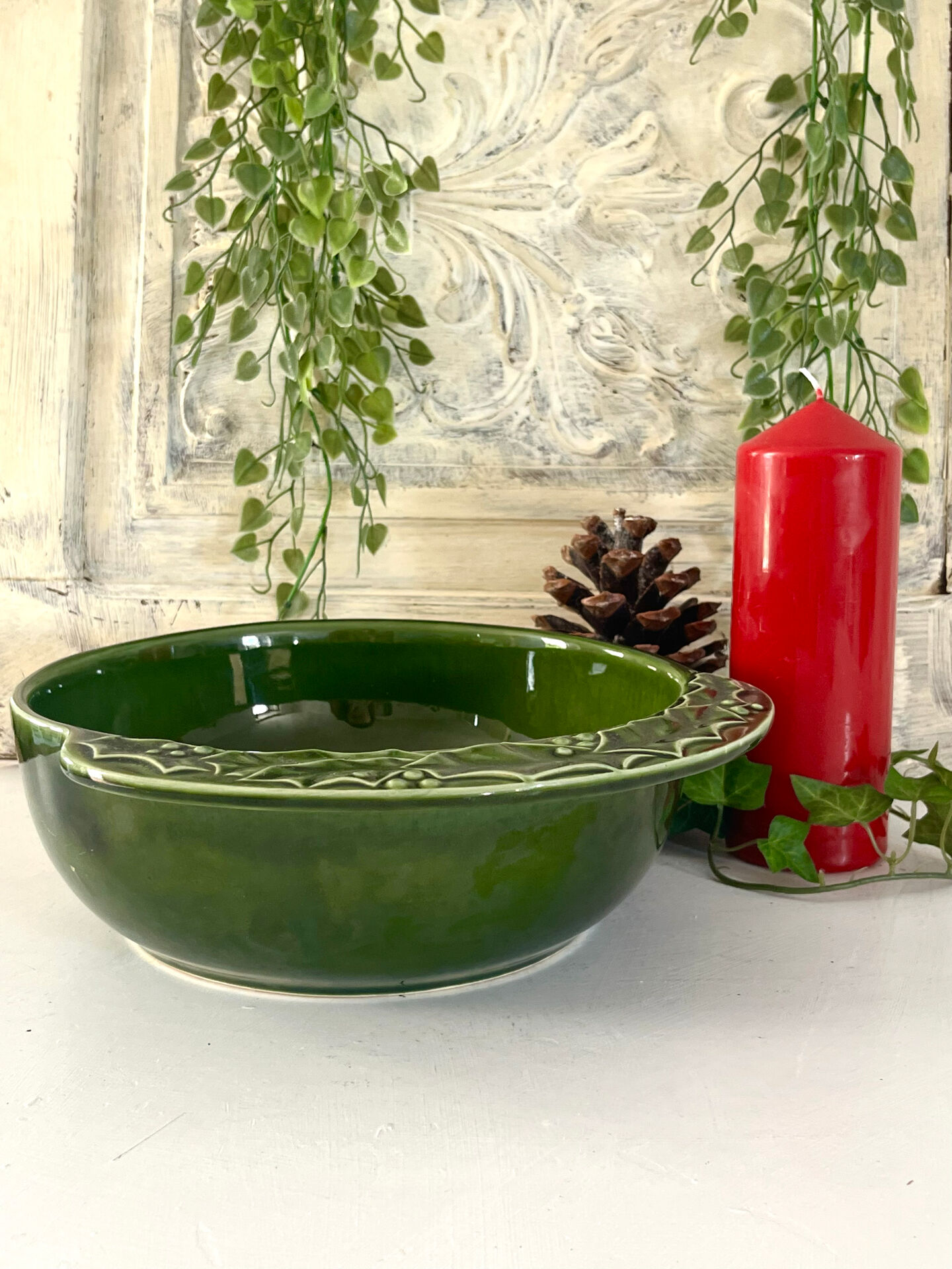 Christmas serving bowl, French BCI holly ceramic bowl, green glazed