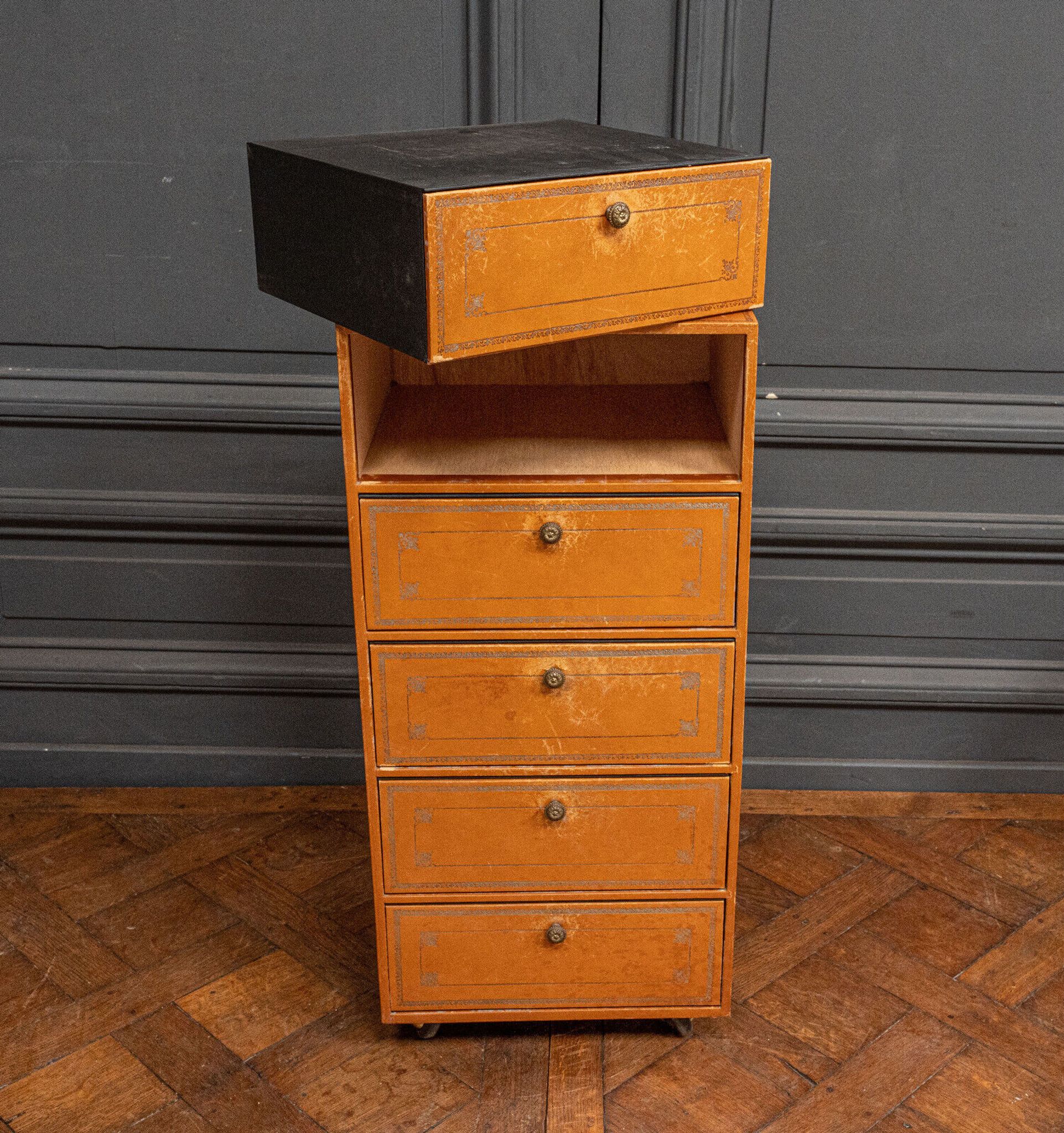 Furniture Cardboard chiffonnier leather patina fawn struck with iron 5 drawers