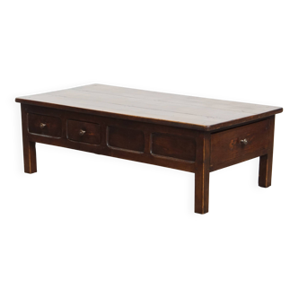 Table basse française ancienne en bois fruitier avec 5 tiroirs