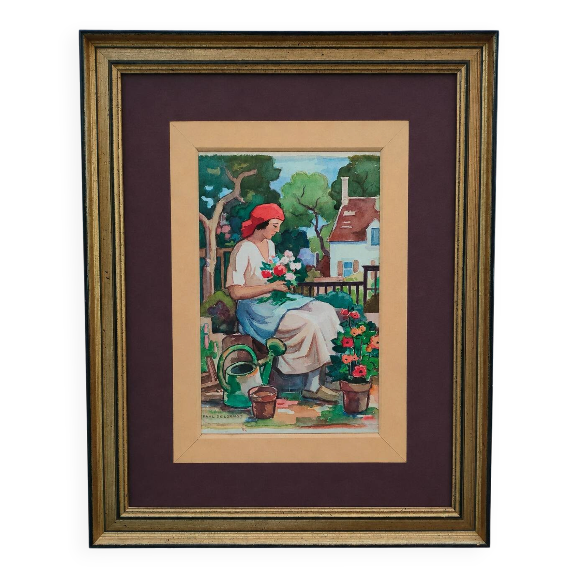 Original watercolour signed by Paul Delormoz (1895-1980) – Woman in the garden – In
