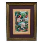 Original watercolour signed by Paul Delormoz (1895-1980) – Woman in the garden – In