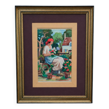 Aquarelle originale signée Paul Delormoz (1895-1980) – Femme au jardin – En